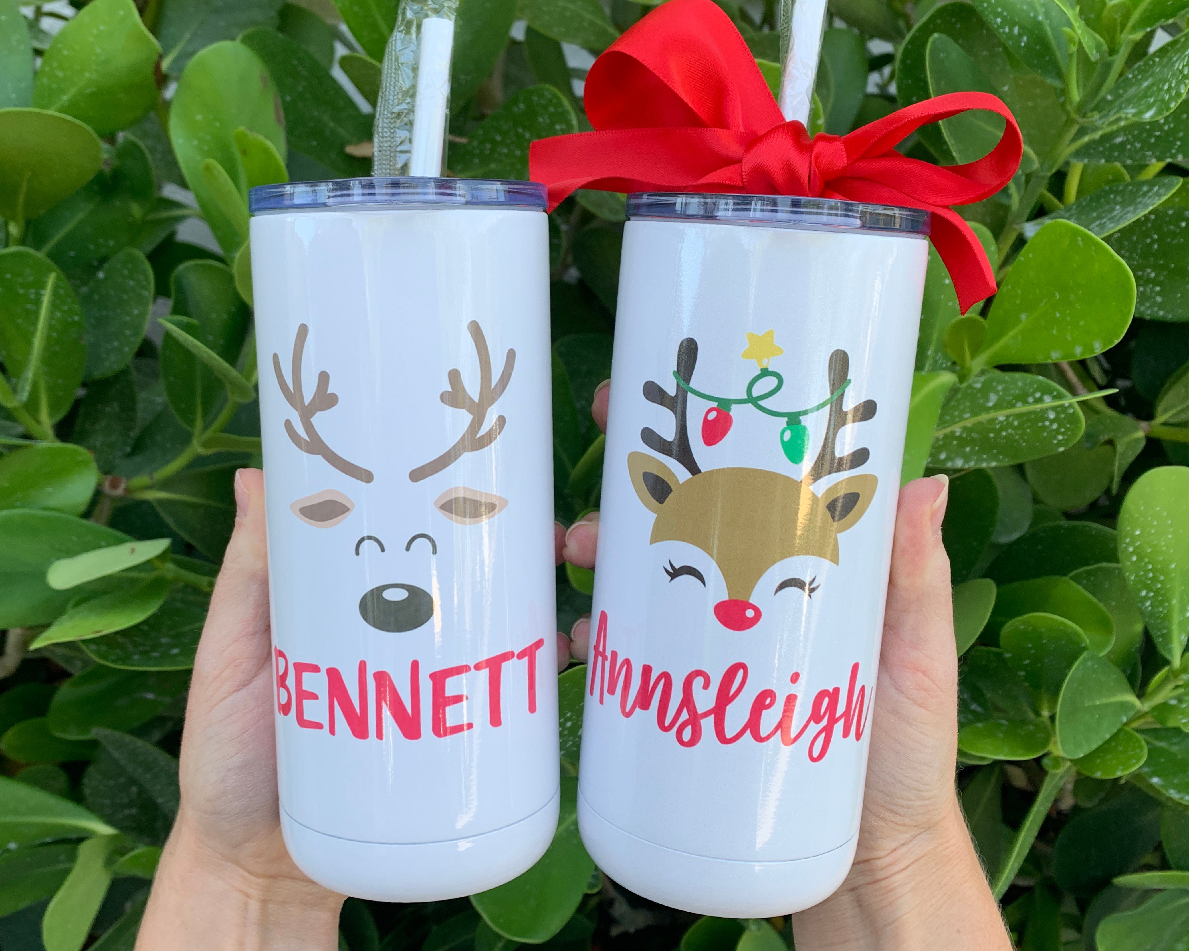 Personalized Christmas Reindeer Stainless Steel Tumbler with Straw