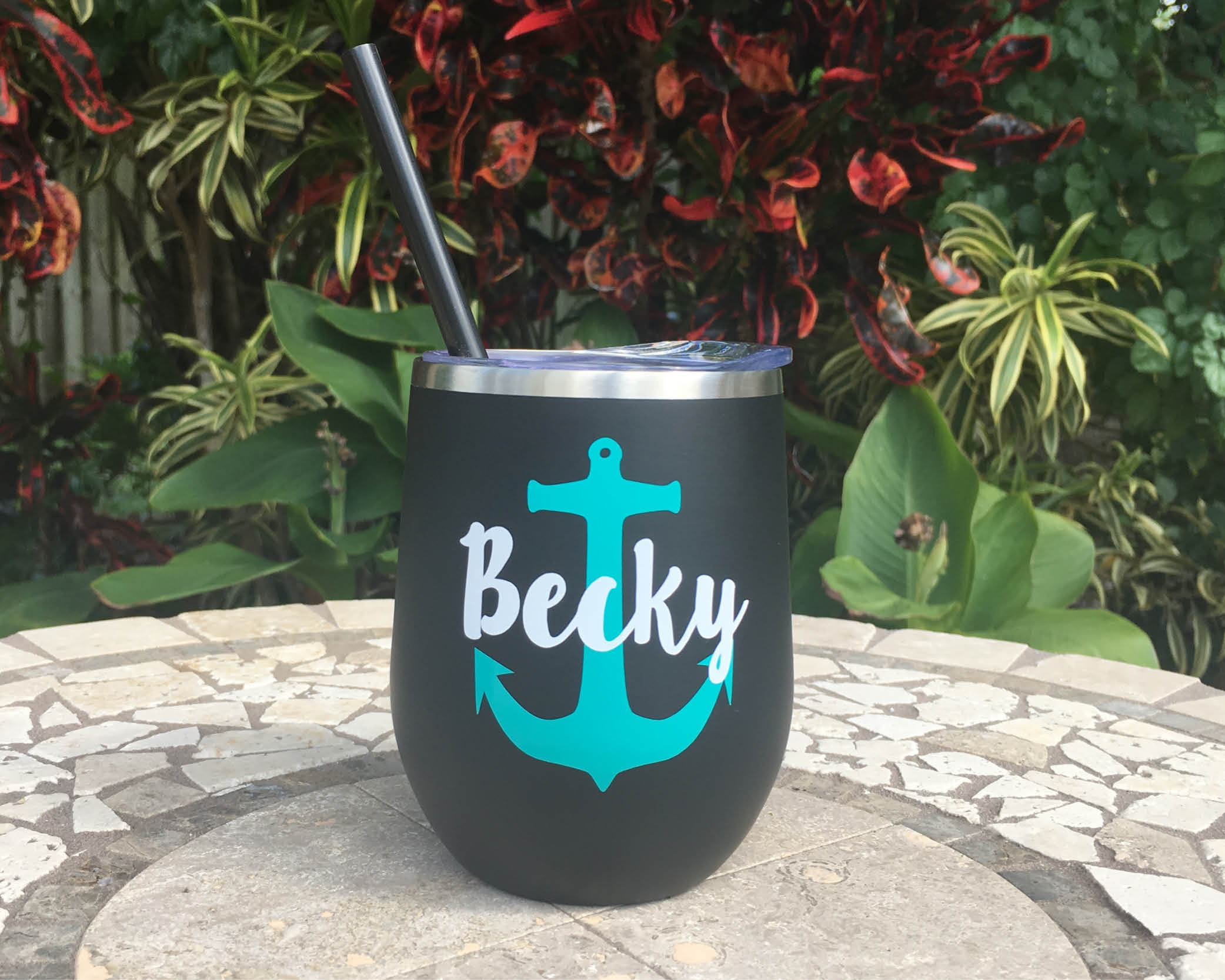 personalized anchor stainless steel metal wine cup with straw
